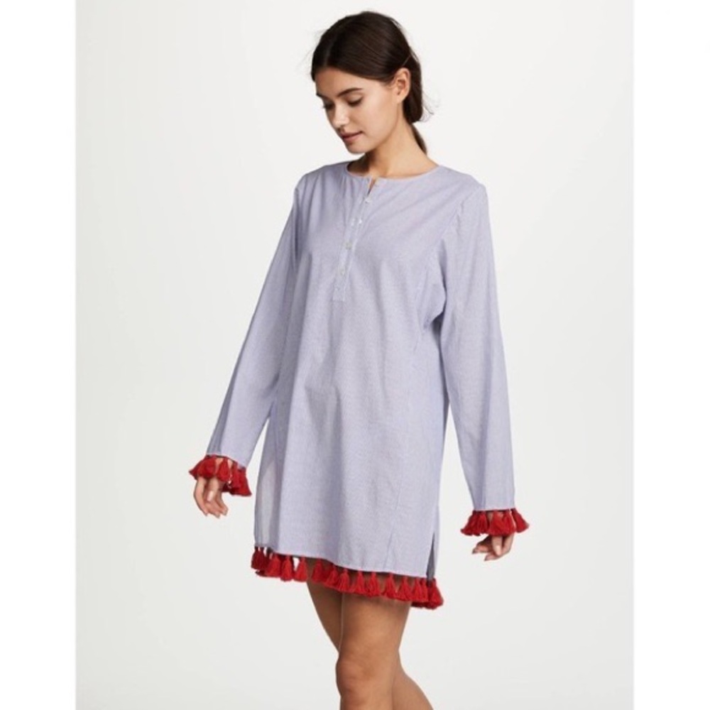 TORY BURCH blue / red Sandy striped tassel beach cover-up tunic top XS